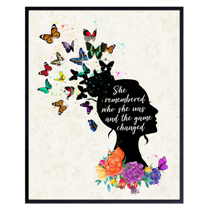 She Remembered Who She Was and The Game Changed Wall Art Poster 11x14 - Uplifting Inspirational Positive Quotes - Motivational Encouragement Gifts for Women, Girls Room, Bedroom - Butterfly Wall Decor