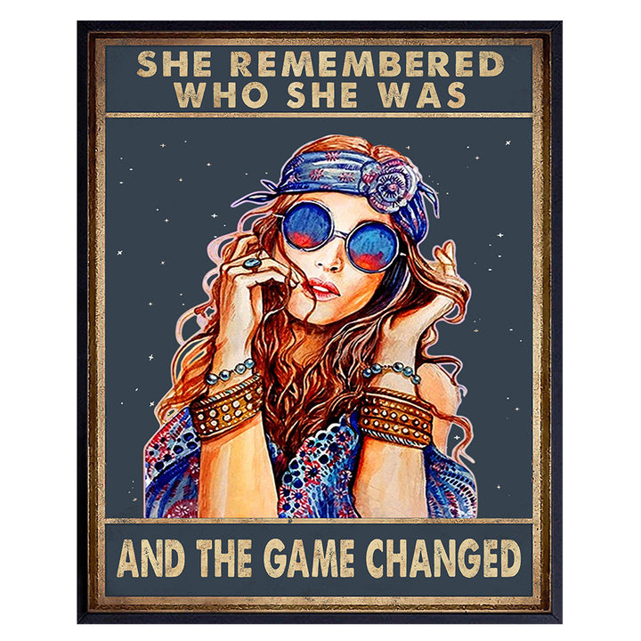 She Remembered Who She Was And The Game Changed - Hippie Boho Motivational Poster - Bohemian Inspirational Positive Quotes Wall Art Decor - Encouragement Gifts for Women - Girls Teens Bedroom Decor