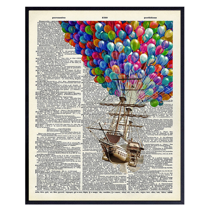 Ship Sailing with Balloons - Wall Art Print on Dictionary Photo - Great Gift for Hot Air Balloon Enthusiasts - Steampunk Chic Home Decor - Colorful - Ready to Frame (8x10) Vintage Photo