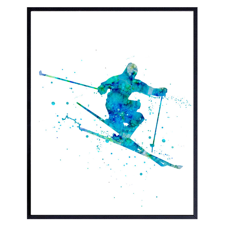 Skiing Watercolor Wall Art Print - 8x10 Unframed Photo - Great Gift for Skiers and Snowboarders- Chic Home Decor