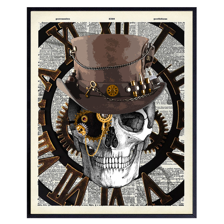 Steampunk Skull Dictionary Art - Cool 8x10 Goth Wall Decor Poster - Victorian Gothic Home Decoration - Cool Unique Gift for Punk Fans - Unframed Picture Photo Print