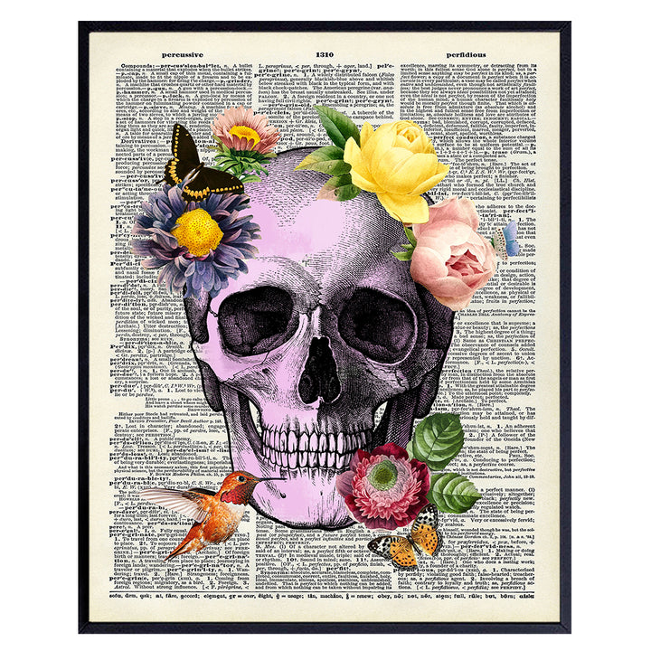 Skull Wall Decor - Gothic Skull Wall Art Print - Pink Shabby Chic Pop Art Poster for Medical Doctors Office - Unique Room Decorations or Gift for Women, Teens Bedroom - Floral Butterflies Hummingbird