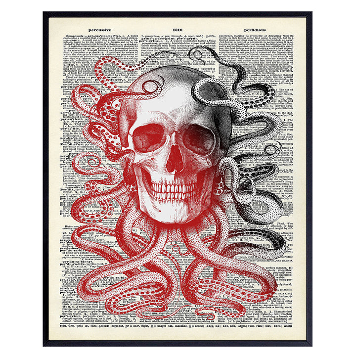 Skull Octopus Dictionary Art - 8x10 Wall Art Poster - Unique and Affordable Gift, Steampunk Chic Home Decor - Unframed Vintage Photo Print - Goth Gothic Picture