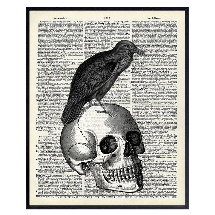 Goth Skull and Raven Dictionary Art - 8x10 Vintage Poster Print for Home Decor, Wall or Room Decoration - Cool Unique Affordable Gift for Gothic Edgar Allan Poe Fans - Unframed Photo Picture