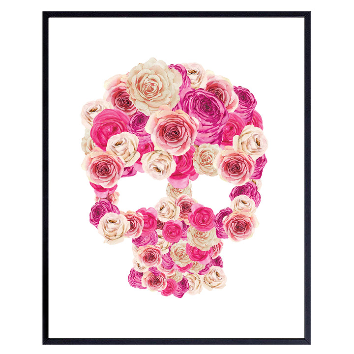 Skull Wall Decor - Skull Wall Art - Shabby Chic Wall Decor - Goth for Women - Gothic Home Decor - Rose Skull - Room Decor for Teen Girls - Living Room, Bedroom Decor for Women