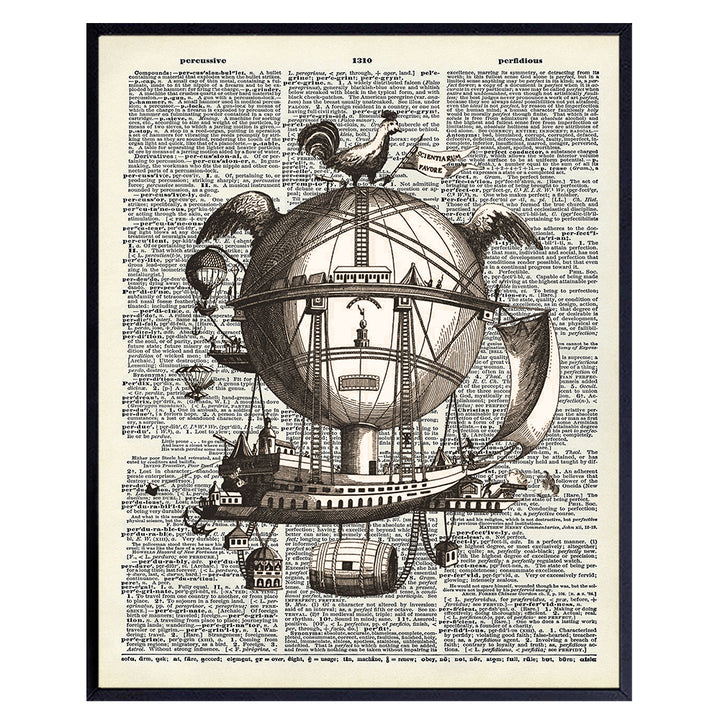 Steampunk Dirigible Airship - Cool Rustic Upcycled Dictionary Wall Art Print - Gift for Steampunk Hot Air Balloon Fans - Unique Goth Gothic Home Decor - Vintage 8x10 UNFRAMED Photo