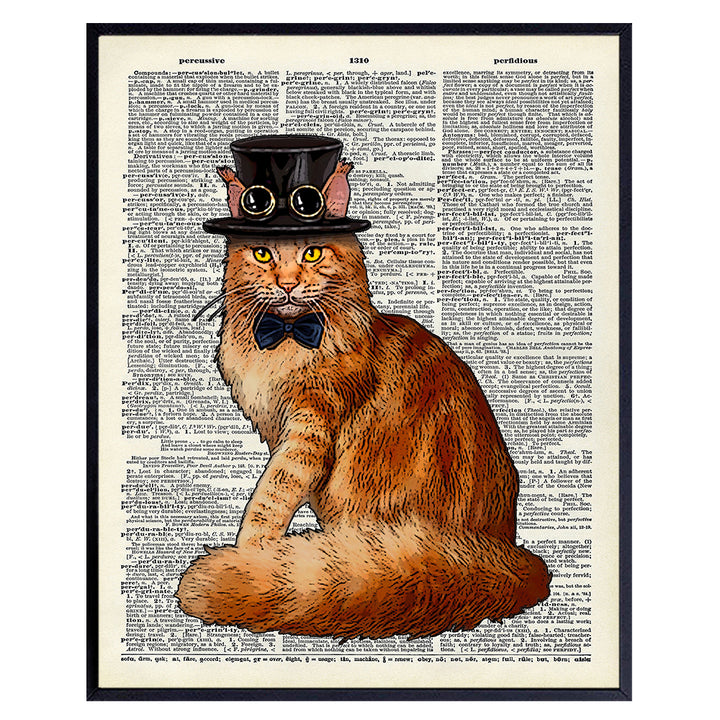 Steampunk Cat Wall Art Decor - 8x10 Dictionary Art Poster Picture- Chic Upcycled Home and Wall Decor, Room Decoration - Cool Gift for Cat Lovers, Pet Owners, Kitty, Kitten, Animal Fans, Girls, Women