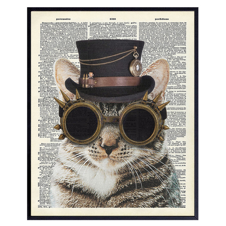 Steampunk Cat Wall Art - Funny Goth Cat Wall Decor Print for Bedroom, Veterinarian Office - Gift for Vet, Boys, Men, Teens, Women, Kitty, Kitten, Feline, Pet, Cat Lovers - Unique Gothic Dictionary Art