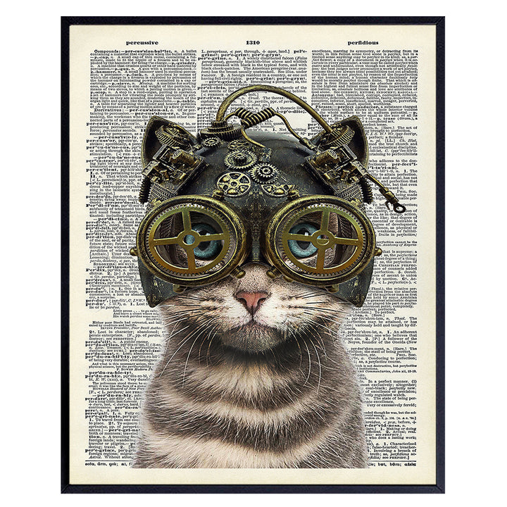 Steampunk Cat in Goggles, Gears - Gothic Wall Art Home Decor - Cat Wall Art - Gift for Kitty Kitten Pussycat Victorian Renaissance Fan - Home Decoration Poster Picture - Bedroom, Bathroom, Living Room