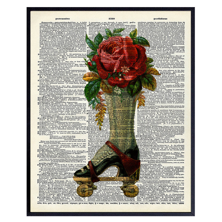 Steampunk Roller Skate Dictionary Wall Art - Vintage Retro Hipster Victorian Home Decor for Bedroom, Bathroom, Office, Living Room - Unique Cool Shabby Chic Gift - Floral Rose Poster Print Artwork