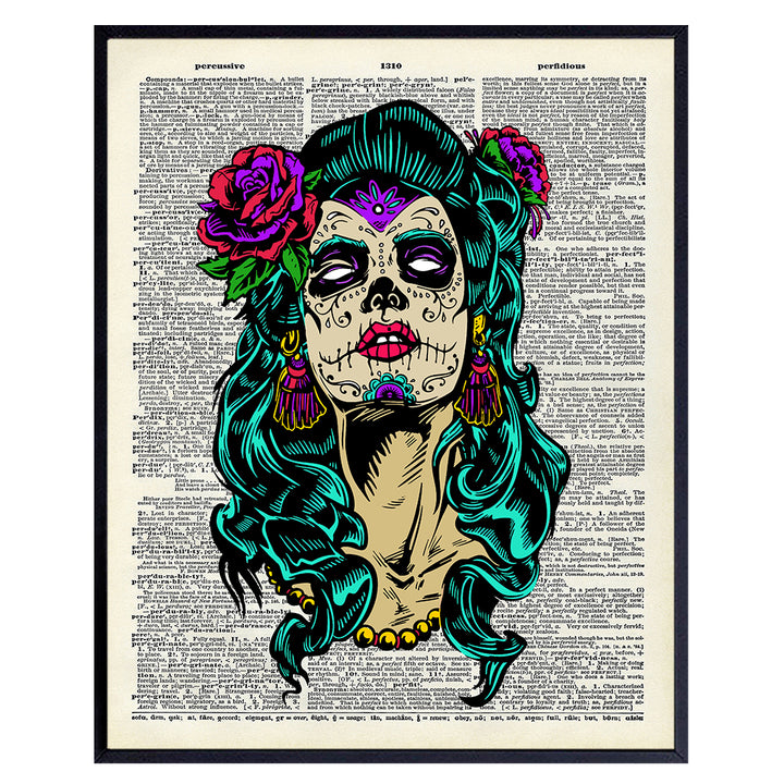 Day of the Dead Mexican Wall Art - Mexican Folk Art - Mexican Wall Decor - Sugar Skull Decor - Gothic Home Decor - Goth Room Decor for Halloween - Unique Gift - Creepy 8x10 Poster Print