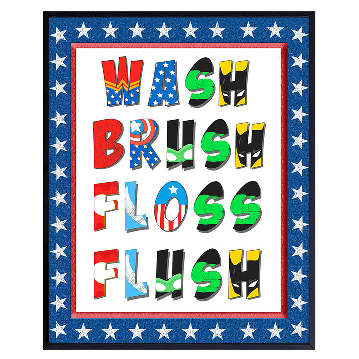 Superhero Bathroom Art Print, Wall Art Poster - Unique Home Decor for Bath - Gift for Boys, Children Super Hero Comic Book Fans - 8x10 Photo Unframed Photo