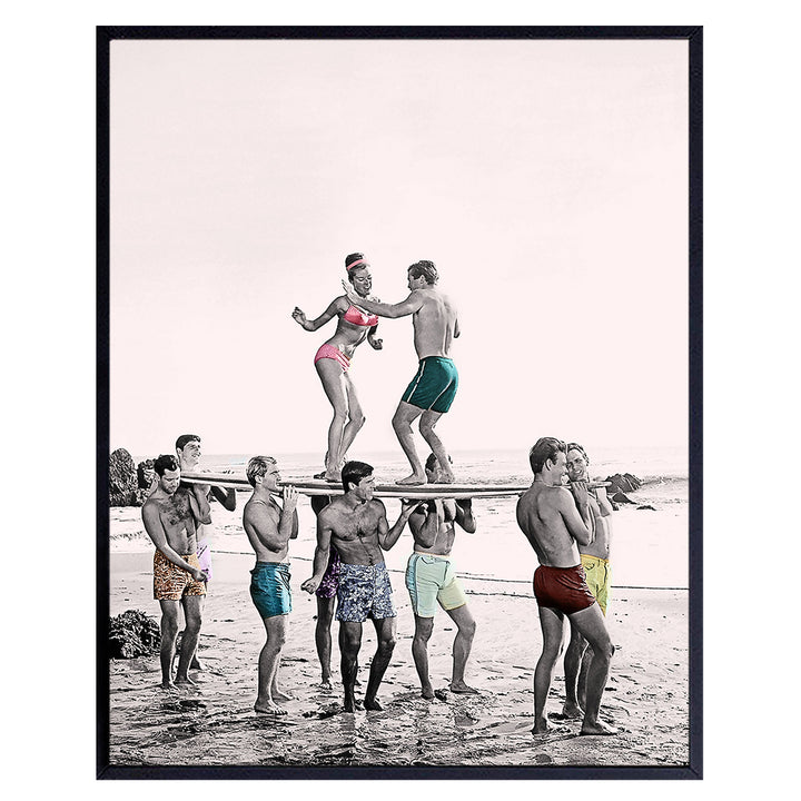 Surfers Dance Party Vintage Style Wall Art Photo - Retro 8x10 Home, Office or Apartment Decor, Beach House or Room Decoration - Unique Gift for Surfing Fans