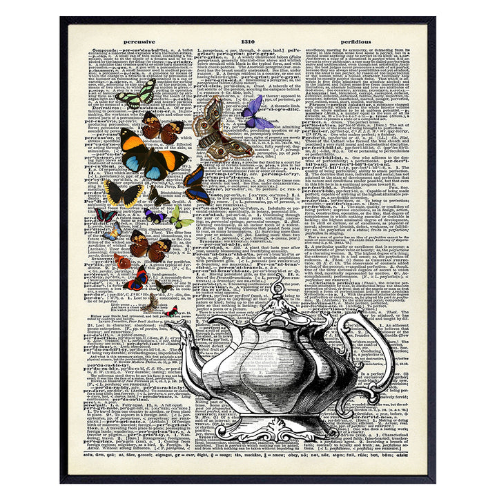 Butterflies in Teapot Dictionary Wall Art Print - Vintage Home Decor For Kitchen, Dining Room - Cool Unique Steampunk Gift - Shabby Chic Rustic - Unframed 8x10 Photo