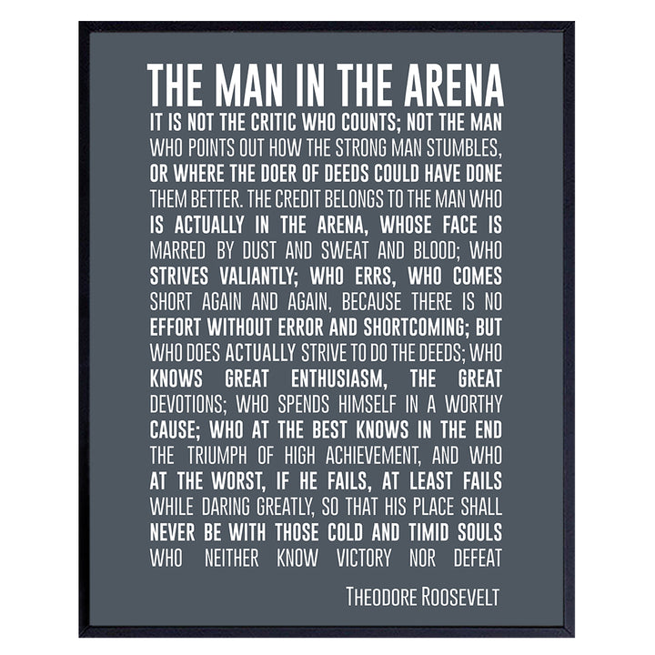 Teddy Roosevelt Man in the Arena Quote Wall Art Print - 8x10 Unframed Photo - Perfect Inspirational and Motivational Gift, Chic Home Decor