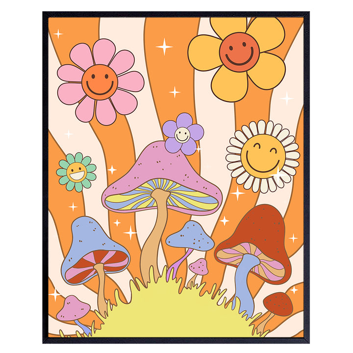 Mushroom Decor Trippy Room Decor - Stoner Room Decor - Hippie Wall Decor Aesthetic - Smiley Face Decor - Orange Psychedelic Wall Art - Funky Living room Wall Art - Groovy 60s 70s Trendy Room Decor