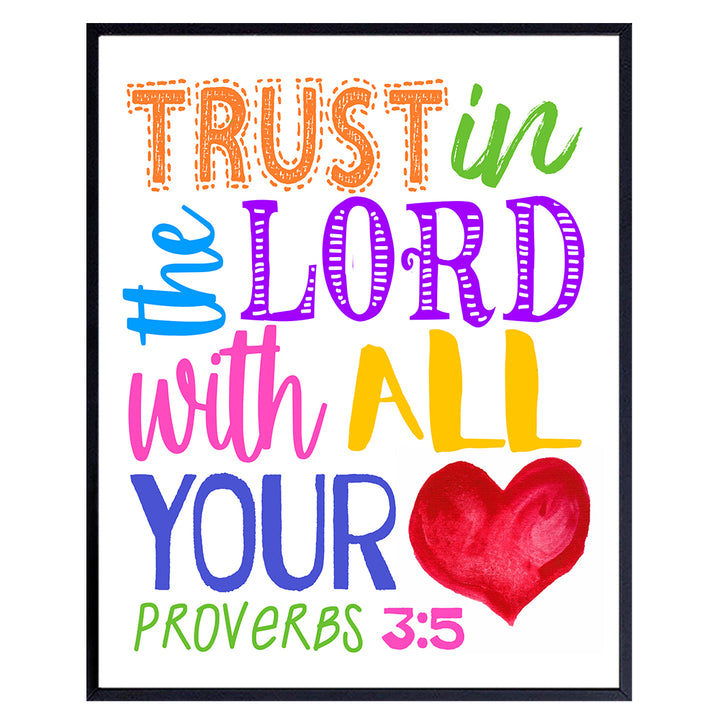 Religious Decor - Bible Verse Scripture Wall Art for Kids Bedroom, Boys, Girls Room, Bible Study, Church Sunday School - Inspirational Christian Gifts - Trust in the Lord With All Your Heart Proverbs