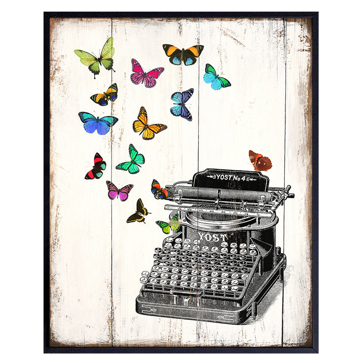 Typewriter Butterfly Home Decor, Wall Art - Cute Rustic Shabby Chic Decoration for Living Room, Bedroom, Bathroom, Kitchen - Vintage Style Poster or Gift for Writer, Literature Fan- 8x10 UNFRAMED