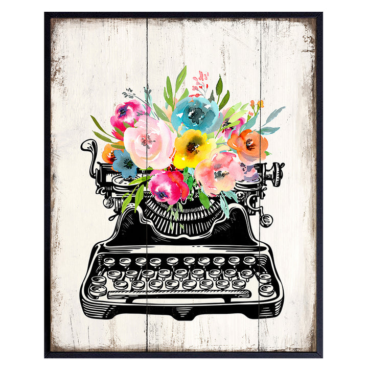 Rustic Floral Typewriter Wall Art, Farmhouse Home Decor - Vintage, Shabby Chic Decoration for Bedroom, Living Room, Office - Gift for Writer, Author, Secretary, Personal Assistant, Journalist, Teacher