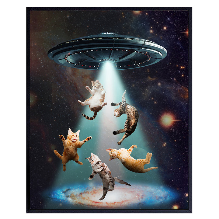 UFO funny Cat Wall Art & Decor - Cat Gifts for Men - Cat Wall Decor - Cat Themed Cat Dad Cat Stuff - Cute Cat Decorations - Cat Lover Cat Decor for Cat Mom - Cat Poster - Cat Pictures - Cat Sign