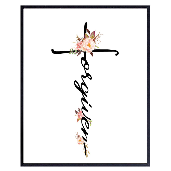 Christian Wall Art - Religious Wall Decor - Inspirational Shabby Chic Gift for Women, Wife - Floral Picture for Home Decoration, Office, Church, Apartment, Bedroom, Living Room -8x10 Forgiven Cross