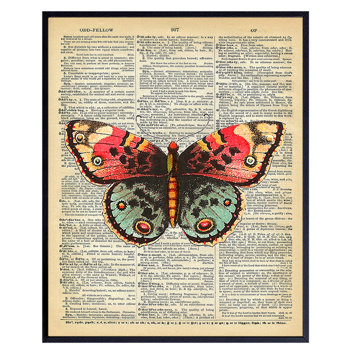 Upcycled Dictionary Wall Art Print - 8x10 Vintage Unframed Photo - Great For Home Decor and Easy Gift Giving - Nature - Orange and Green Butterfly