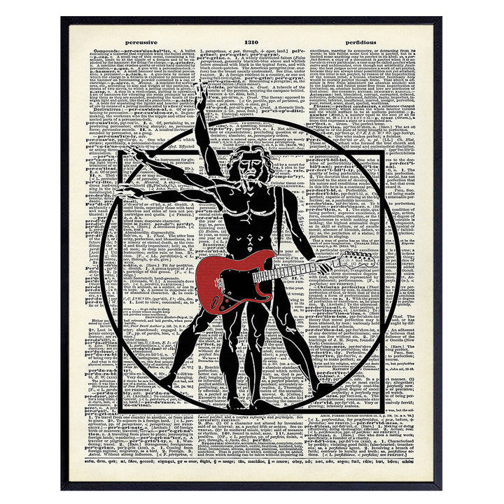 Leonardo Davinci Guitar Player Vitruvian Man with Electric Guitar Poster - 8x10 Guitar Wall Art Room Decor for Bedroom, Living Room, Studio - Gift for Musician, Guitarist, Men, Teens, Boys