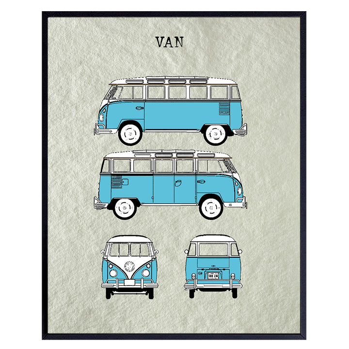 Volkswagen Camper Van Patent Art Prints - Vintage Wall Art Poster Set - Chic Rustic Home Decor for Bedroom, Kitchen, Beach or Lake House, Office - Gift for Hippies, Surfers, 8x10 Photo Unframed