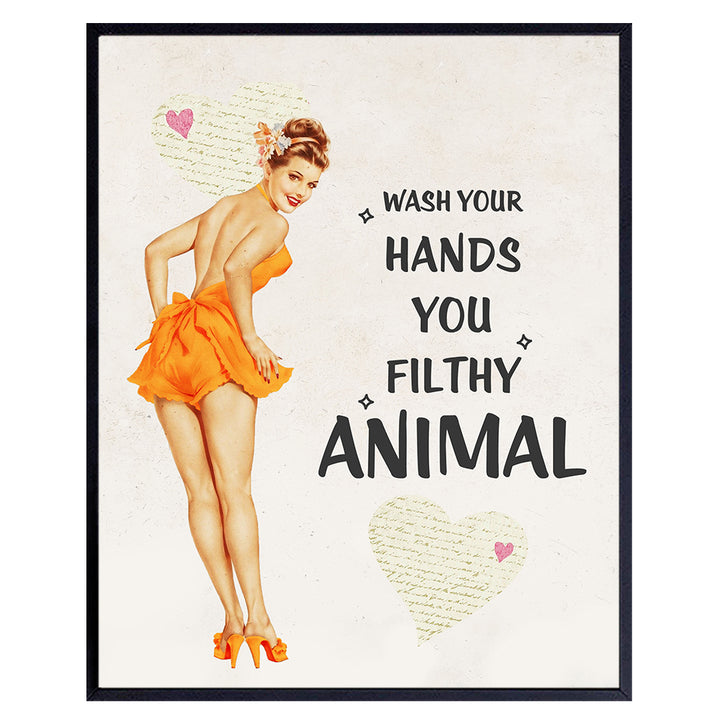 Wash Your Hands - Vintage Style Sign - Bathroom Home Art Pinup Print - Funny 8x10 Wall Decor Picture for Bath - Great Unique Humorous Gift - 1950s Retro Poster Print Decoration