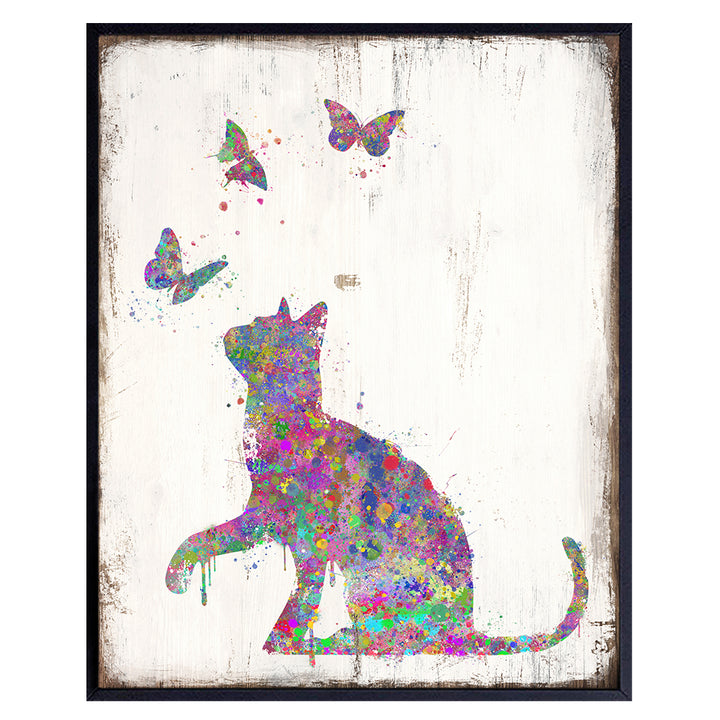 Cat with Butterflies Wall Art Print - Rustic Boho Home Decor - Decoration for Bedroom, Bathroom, Childrens, Girls, Baby Kids Room or Nursery - Great Gift for Kitty Lovers - 8x10 UNFRAMED Poster