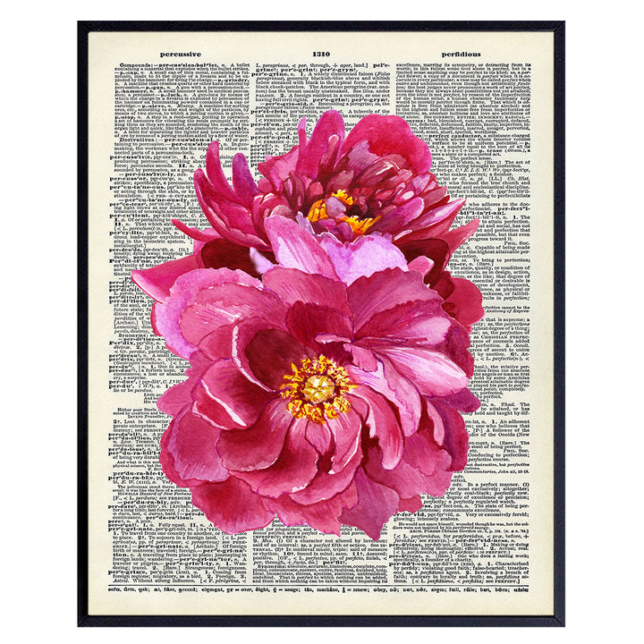 Pink Floral Dictionary Art Print - 8x10 Vintage Wall Decor Poster, Rustic Shabby Chic Home Decoration for Bathroom, Bath, Bedroom, Living Room - Chic Unique Gift for Women, Woman, Wife, Her, Girls