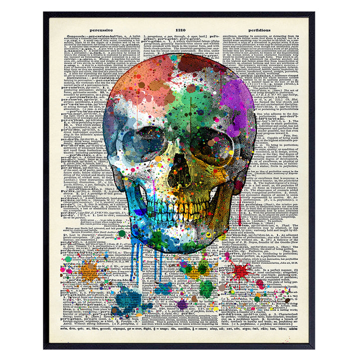 Skull Decor - Skull Wall Decor - Graffiti Skull Wall Art - Gothic Decorations - Goth Wall Art - Grunge Posters Room Decor - Trippy Wall Art - Skull Gifts - Upcycled Dictionary Art Photo