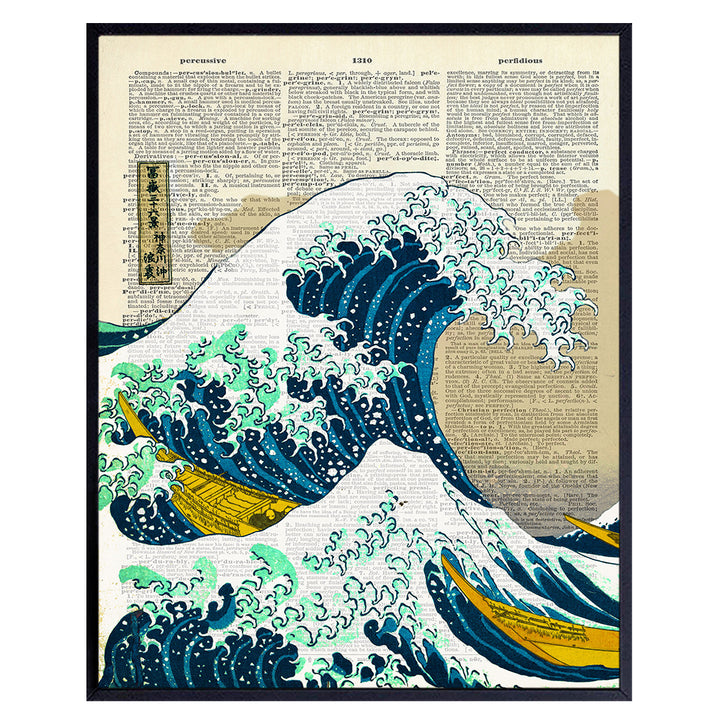 Wave off Kanagawa Japanese Wall Art Print on Dictionary Photo - Ready to Frame (8X10) Vintage Photo - Great Gift for Surfers - Cool Home Decor