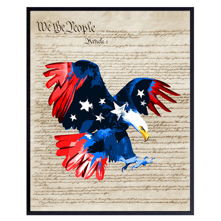 Patriotic American Eagle on US Constitution Wall Art Print, Home Decor - Vintage Poster - Unique Room Decorations for Office, Living Room, Family Room - Gift for Veterans - 8x10 Photo Unframed