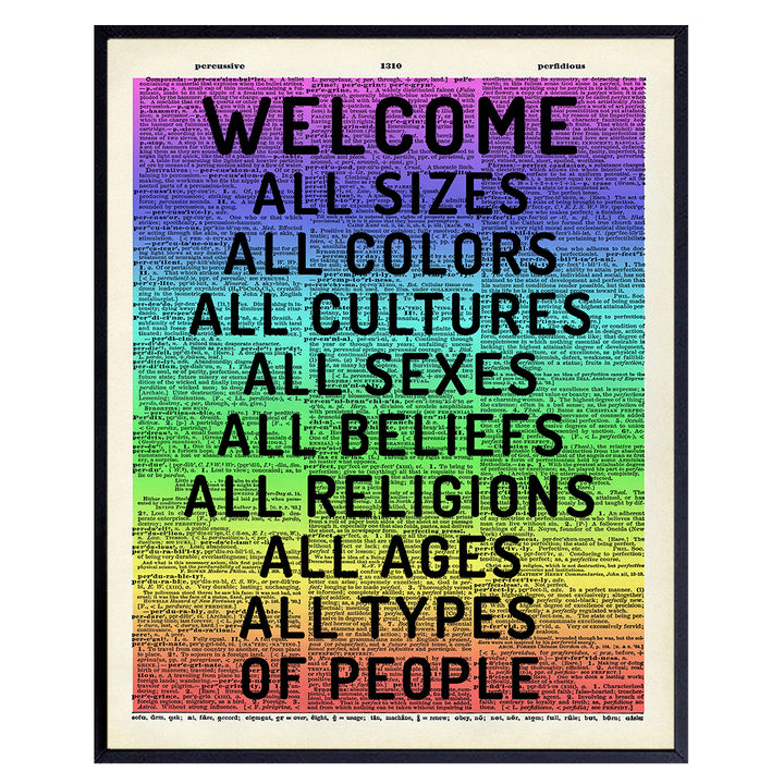 Welcome Sign - Tolerance Dictionary Wall Decor Picture - Art Poster Print for Home, Office, Store, Bar - Gift for LGBTQ, Queer, Gay, Bi, Lesbian, African American, Black, Latino, Liberal Democrats