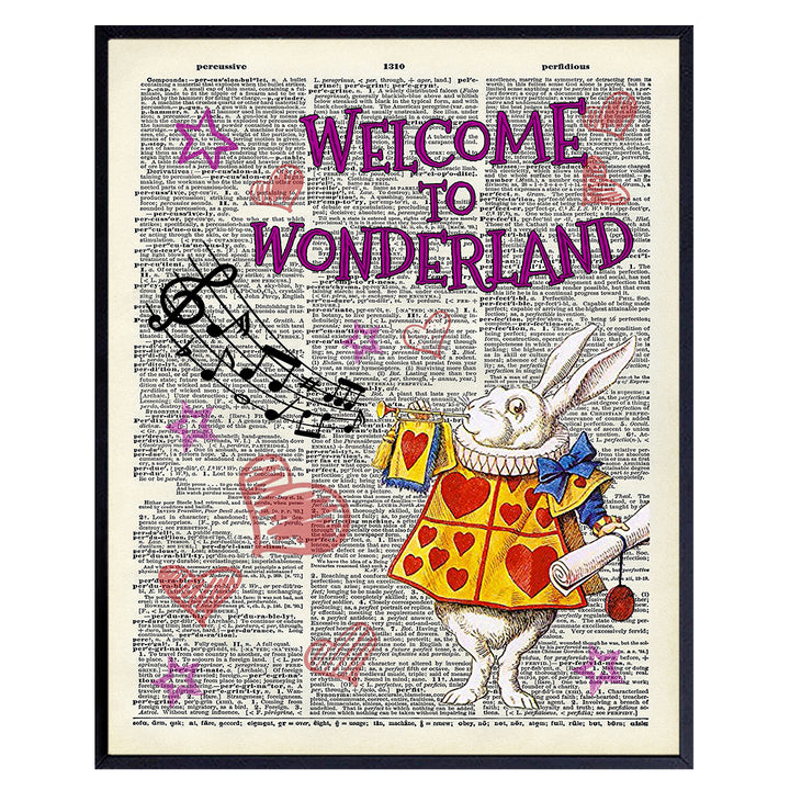 Alice Wonderland Art Print - White Rabbit Upcycled Dictionary Wall Art Poster for Nursery, Kids, Boys, Girls Room - Great Baby Shower Gift - 8x10 Unframed Photo