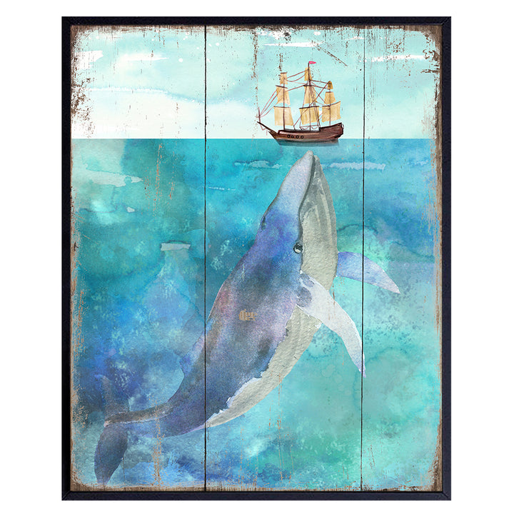 Whale Wall Art Poster - 8x10 Beach Bathroom Decor - Ocean, Sea House Room Decor, Home Decoration - Nautical Restroom, Bath Art - Unique Shabby Chic Gift - Blue Ship Sailing Picture Print