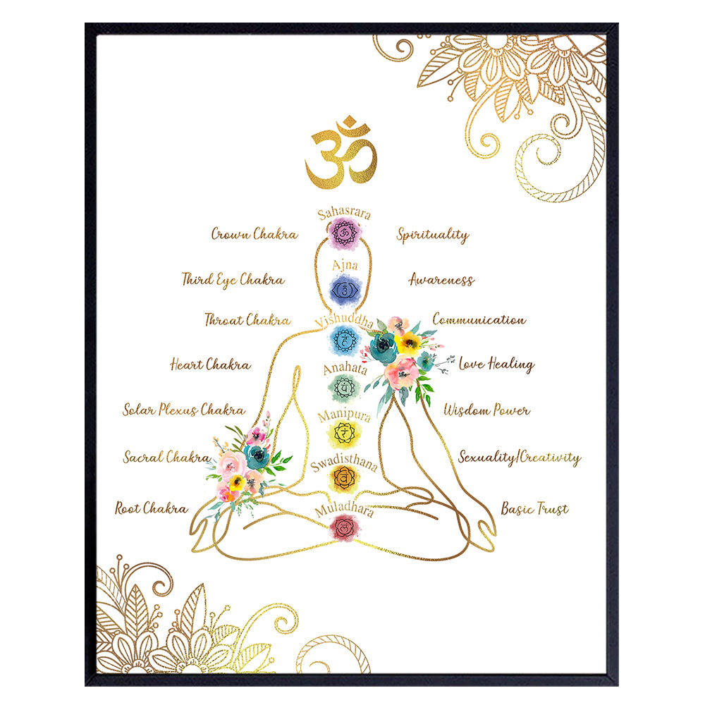 Chakra Lotus Mandala Wall Art - Zen Buddhism Meditation Om Room Decor - Spa Bathroom Wall Decor Poster Print - Yoga Namaste Gift for Women - Spiritual Decor - Gold White New Age Home Decor