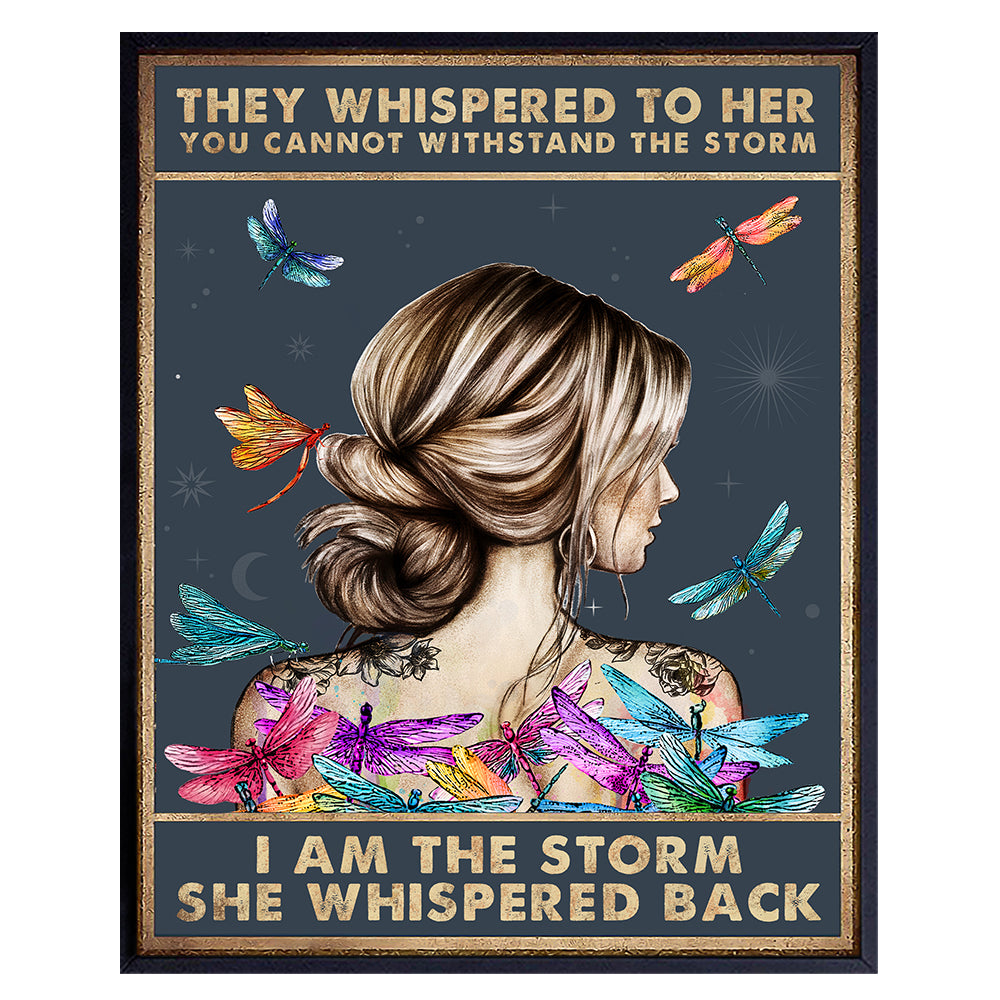 They Whispered to Her You Cannot Withstand The Storm FRAMED - Positive Motivational Uplifting Encouragement Gifts for Women Teens - Inspirational Quote Wall Art - Boho Print - Dragonfly Wall Decor