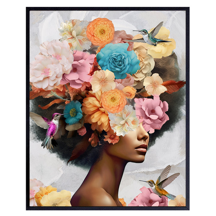 Black women Floral Wall Art - Boho Wall Decor for African Americans, Black Girl - Black Wall Art for Women - Boho-chic Flower Decorations - Women's Bedroom, Living room, Home - Yellowbird Art & Design