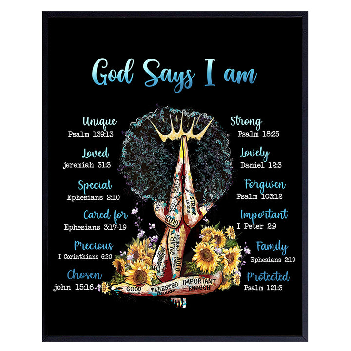 Positive Affirmations Black Wall Art - Inspirational Bible Verses Religious God Decor - Spiritual Christian Scripture Poster - African American Women, Black Woman, Girls - I Am - Encouragement Gifts