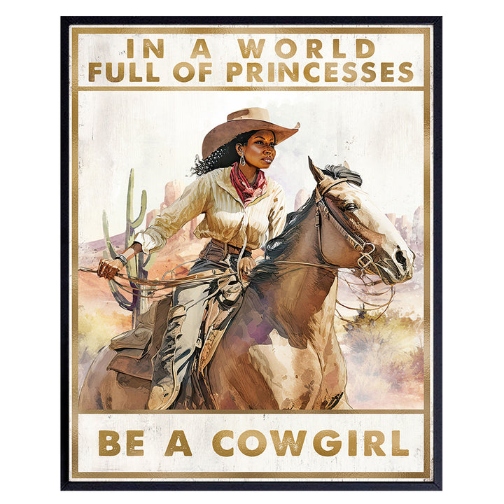 Black women Cowgirl Wall Art - Western Wall Decor for Black Girl, Woman - African American Country Decor - Farmhouse Style Rustic Wall Decor - Black Art Posters for Women - Inspirational Wall Decor