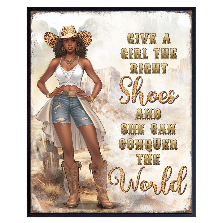 Black Cowgirl Motivational Wall Art - Boho-chic Rustic Farmhouse Decor - Inspirational Glam Wall Art - Country Room Decor, Western Decor, Black Girl Decorations - African American Wall Art for Women