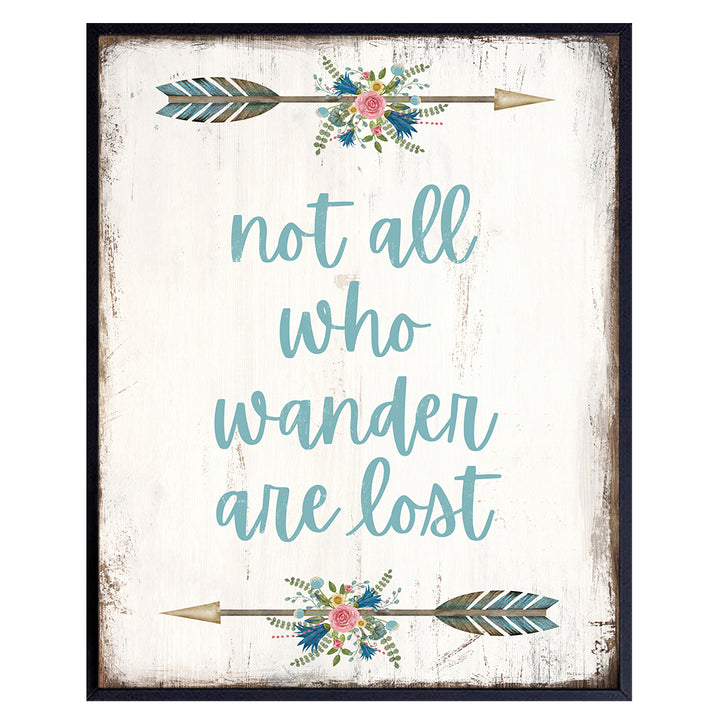 Not All Who Wander Are Lost Wall Decor - Indian Arrow Wall Decor - Hippie Room Decor - Light Blue Rustic Bohemian Wall Art - Inspirational Boho Decorations - Girls, Womens Bedroom - Positive Quotes