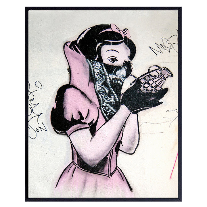 Banksy Poster - 8x10 Funny Gangster Snow White Hand Grenade - Urban Graffiti Wall Art Decor, Room Decoration for Bedroom, Dorm, Living Room - Gift for Teens, Street Art Fans, Men Women