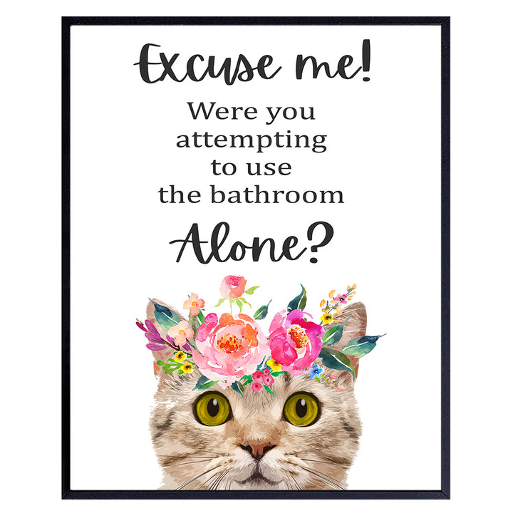 Cute Cat Bathroom Decor - Bathroom Wall Decor for Women - Cat Wall Art - Tabby Cat Wall Decor Poster - Funny Bathroom Wall Art - Cat Themed Cat Lover Gifts - Powder Room Wall Art - Bath Wall Decor