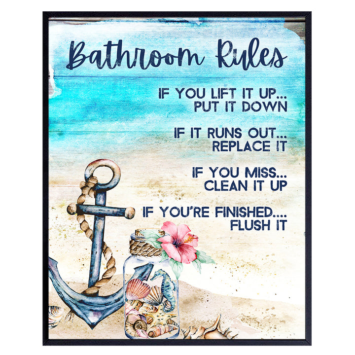 Nautical Coastal Beach Bathroom Decor - Rustic Blue Bathroom Decor - Seashell Bathroom Decorations - Seahorse Bath Art - Bathroom Rules Sign - Bathroom Decor for Women - Ocean Decor - Anchor Wall Art