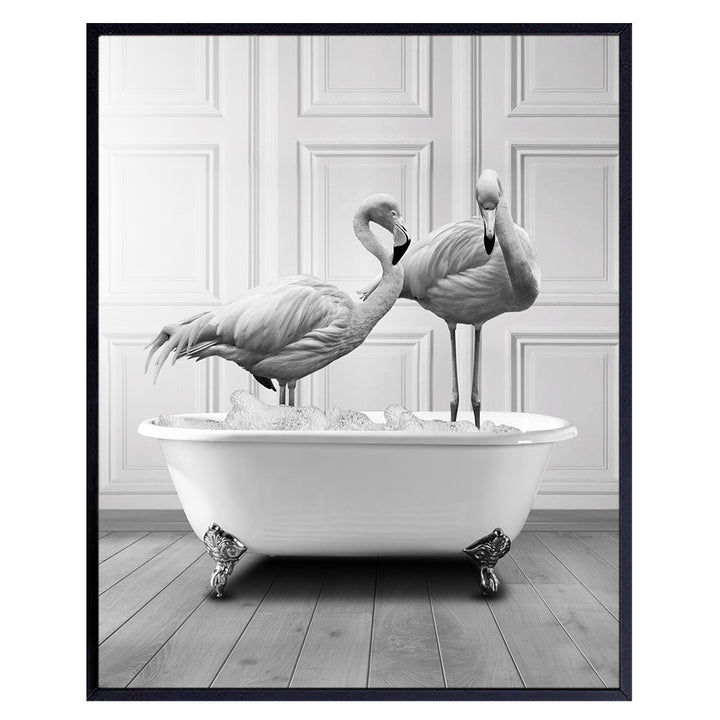 Flamingos Bathroom Decor Poster 8x10 - Cute Powder room decoration - Bathroom Wall Art & Decor - Coastal Beach Theme Nautical Bathroom Decor for Women Men - Bath Wall Decor - UNFRAMED