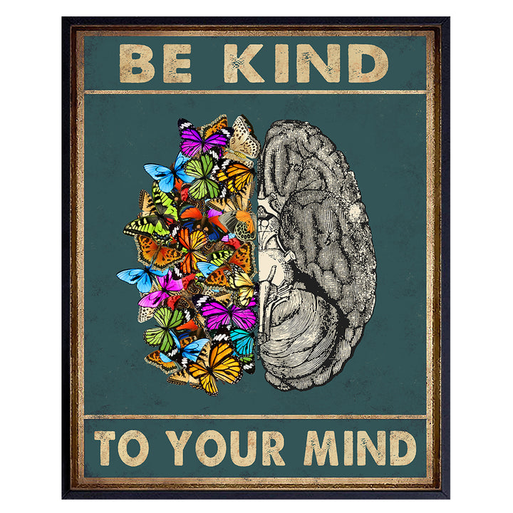 Yellowbird Art & Design Wall Art & Decor - Be Kind to Your Mind Mental health Wall Art- Vintage Butterflies Brain Wall Art Poster - Zen Meditation Wall Art - Office Family Living room Bedroom Wall Art