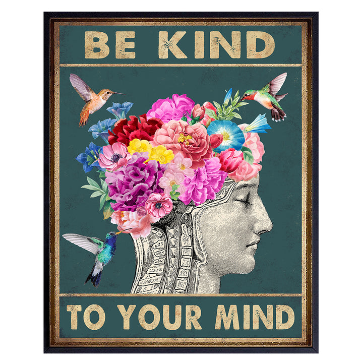 Yellowbird Art & Design Wall Art & Decor - Be Kind to Your Mind Inspiration Saying - Vintage Hummingbirds Mental health Brain Wall Art Poster - Zen Meditation Office Living room Bedroom Wall Art 8x10